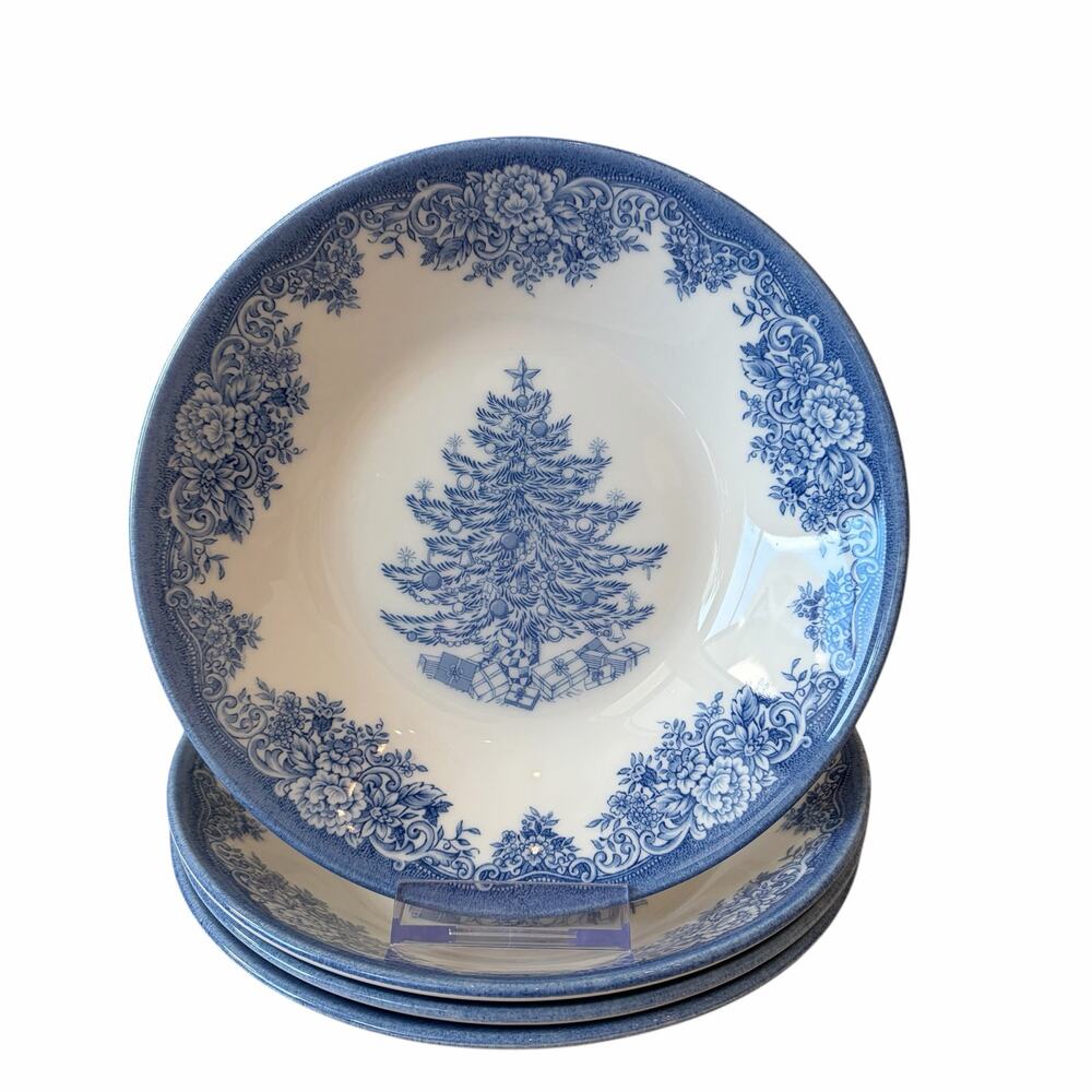 4 Royal Stafford Blue Christmas Tree Porcelain Bowls 7.75in Made in England NEW